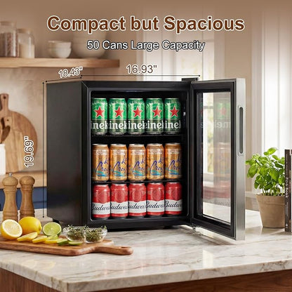 FoMup Mini Fridge 50 Can, Small Beverage Refrigerator with Reversible Glass Door, Countertop Drink Cooler with Temperature Control, Compact Beer Soda Fridge for Office Dorm Kitchen, Stainless Steel