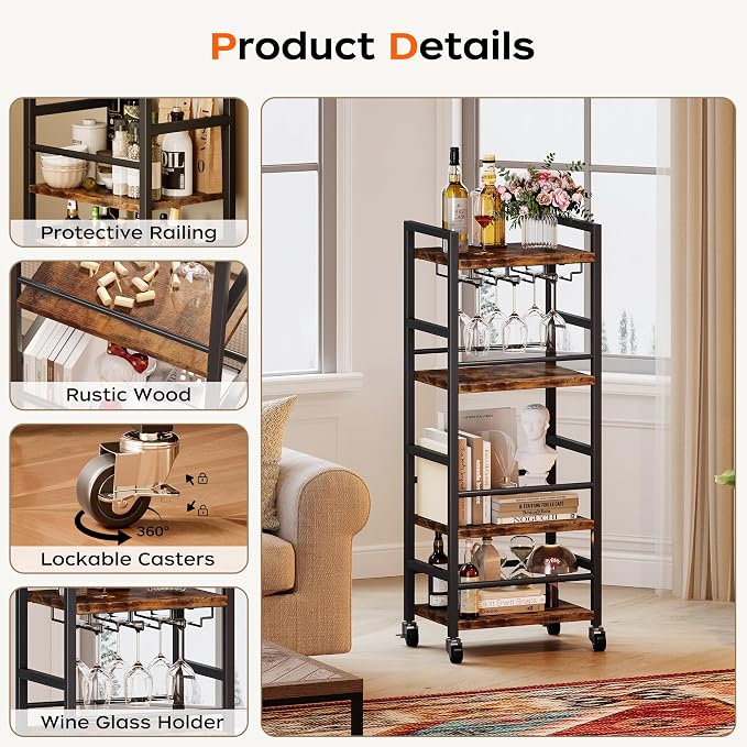 Homeiju Small Bar Cart, Home Bar Serving Cart with 4-Tier Shelf, Mobile Kitchen Shelf with Large Storage and Glass Holder, Mini Bar Cart for Small Spaces, Kitchen and Dining Room, Rustic Brown