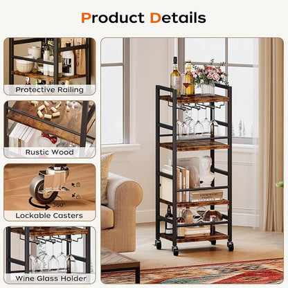 Homeiju Small Bar Cart, Home Bar Serving Cart with 4-Tier Shelf, Mobile Kitchen Shelf with Large Storage and Glass Holder, Mini Bar Cart for Small Spaces, Kitchen and Dining Room, Rustic Brown
