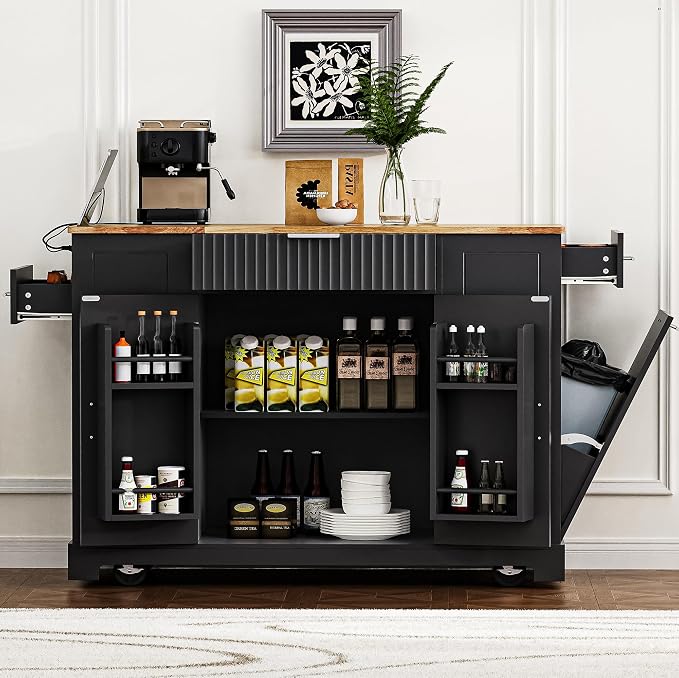 Ball & Cast Fluted Kitchen Island with Trash Can Storage Cabinet,Power Outlet,Internal Storage Rack,Rolling Kitchen Islands On 5 Wheels W/3 Drawers & 3 Open Side Racks for 10 Gallon Garbage Bin,Black