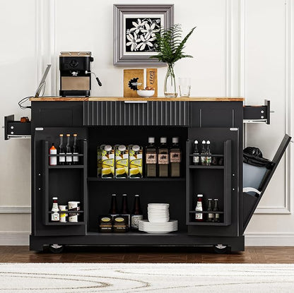 Ball & Cast Fluted Kitchen Island with Trash Can Storage Cabinet,Power Outlet,Internal Storage Rack,Rolling Kitchen Islands On 5 Wheels W/3 Drawers & 3 Open Side Racks for 10 Gallon Garbage Bin,Black