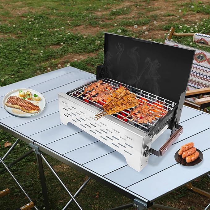 New Portable Camping Easy Charcoal Flip Folding BBQ Grills Stainless Steel Tabletop Charcoal Grill Lightweight Barbecue Grill Tools for Outdoor Cooking Camping Picnics