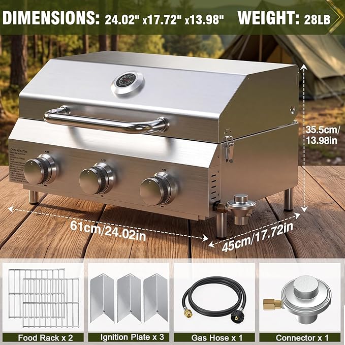 Bestfire 3-Burner Tabletop Gas Grill, Dual Connections, 30,000 BTU Portable Propane Grill, Stainless Steel Knobs/Grates, Compact & Detachable Legs for Camping, RV, BBQ