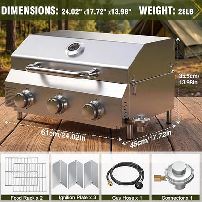 Bestfire 3-Burner Tabletop Gas Grill, Dual Connections, 30,000 BTU Portable Propane Grill, Stainless Steel Knobs/Grates, Compact & Detachable Legs for Camping, RV, BBQ