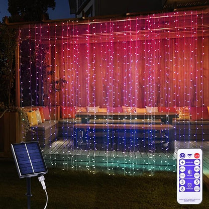 300 LED Solar Curtain Lights USB & Solar Dual Powered 8 Modes Waterproof Fairy Window Lights Twinkle for Home Indoor Outdoor Use Patio Christmas Decoration (Multi-Colored)