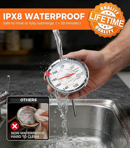 BOMATA Stainless Steel Meat Thermometer Oven Safe, Leave in Probe Food Thermometer with 2.5-in Extra-Large Dial, IPX8 Waterproof, NSF Certified, for Cooking, Steak, Chicken, Turkey, Beef, Pork, Lamb