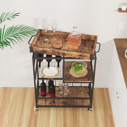 Bar Cart with Basket Wine Rack with Wheels Wood Metal Cart | Basket