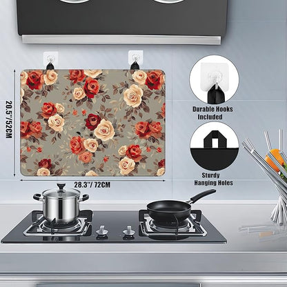 Stove Top Covers for Electric Stove,Vintage Flowers Flat Top Stove Cover,Red Rose Floral Heat Resistant Glass Top Stove Cover Protector Anti-Slip Range Covers, 28 x 20 Inch