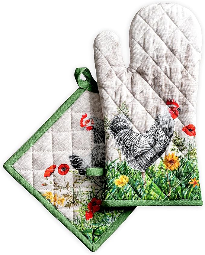 Maison d' Hermine 100% Cotton Oven Mitt & Pot Holder Set (7.5"x13" & 8"x8") Heat Resistant BBQ Cooking Gloves with Loop Baking Grilling Kitchen Hotel Home Farmhouse Spring Summer (Basse Cour)