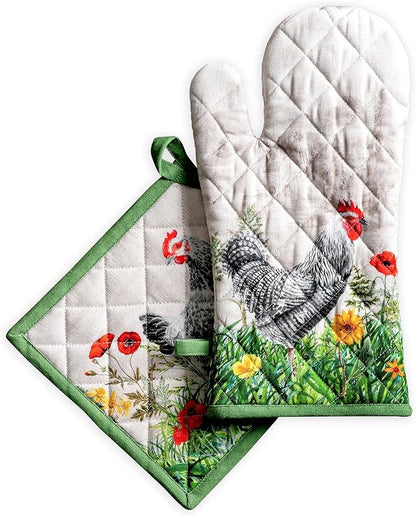 Maison d' Hermine 100% Cotton Oven Mitt & Pot Holder Set (7.5"x13" & 8"x8") Heat Resistant BBQ Cooking Gloves with Loop Baking Grilling Kitchen Hotel Home Farmhouse Spring Summer (Basse Cour)