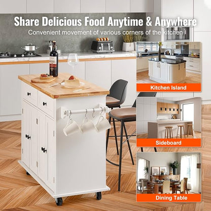 VEVOR Kitchen Island Cart with Solid Wood Top, 35.4" Width Mobile Carts with Storage Cabinet, Rolling Kitchen Table with Spice Rack, Towel Rack, and Drawer, Portable Islands on Wheels, White | Rolling Kitchen Table with Storage Cabinet, Spice Rack, Tow...
