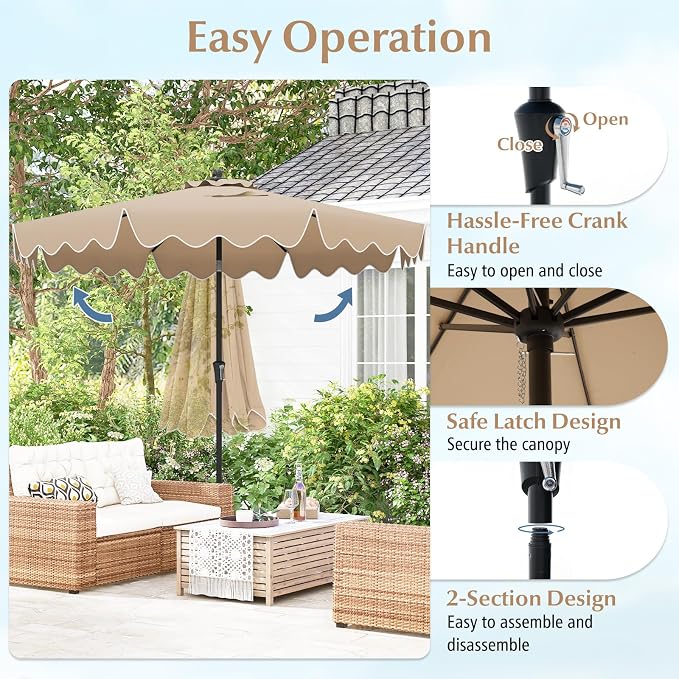 Tangkula 9Ft Patio Umbrella with Crank, 2-Tier Outdoor Umbrella with Push Button Tilt, Sun-Protective Canopy, 8 Ribs, Scalloped Patio Umbrella for Outdoor Beach Deck Pool Table (Coffee)