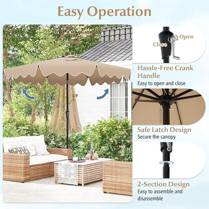 Tangkula 9Ft Patio Umbrella with Crank, 2-Tier Outdoor Umbrella with Push Button Tilt, Sun-Protective Canopy, 8 Ribs, Scalloped Patio Umbrella for Outdoor Beach Deck Pool Table (Coffee)