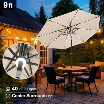 FLAME&SHADE Solar Patio Umbrella with a Centre Light, 9 FT Beige | 40 LED Lights, UV Protection, Waterproof, Porch Deck Outdoor Umbrella for Pool, Backyard, Garden, Provides Evening Lighting