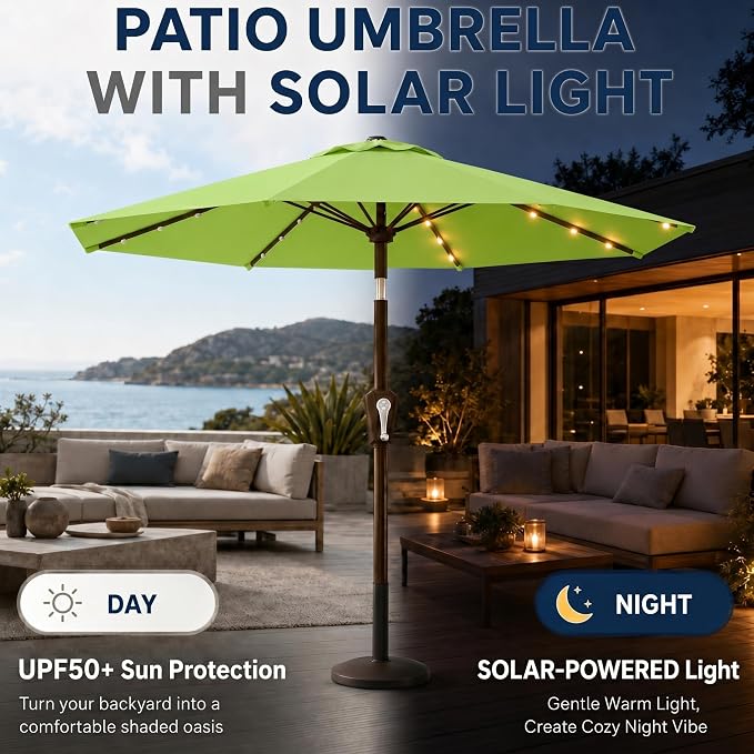 10FT Solar Patio Umbrella with Lights, Outdoor Table Market Umbrella with 32 LED Lights, 8 Sturdy Ribs, Push Button Tilt and Crank for Pool, Deck and Garden, UV-Resistant
