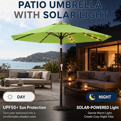 10FT Solar Patio Umbrella with Lights, Outdoor Table Market Umbrella with 32 LED Lights, 8 Sturdy Ribs, Push Button Tilt and Crank for Pool, Deck and Garden, UV-Resistant