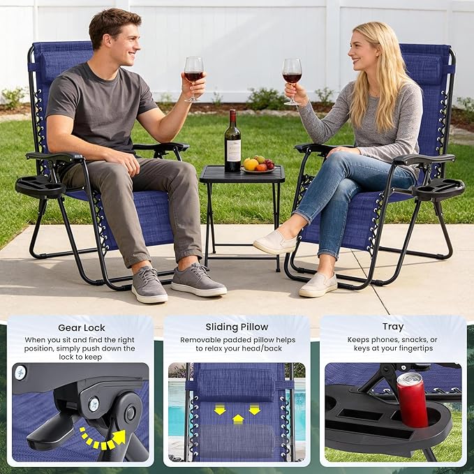 Zero Gravity Chair Set of 2 Oversized Folding Recliner, Padded Anti Gravity Lounge Chair with Adjustable Pillow & Cup Holder for Outdoor Camping, Patio, Poolside, Lawn (Blue)