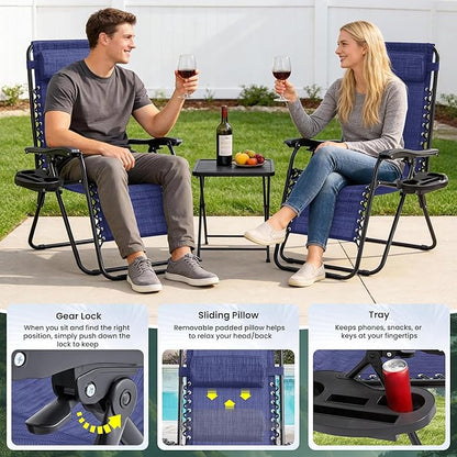 Zero Gravity Chair Set of 4 Oversized Folding Recliner, Padded Anti Gravity Lounge Chair with Adjustable Pillow & Cup Holder for Outdoor Camping, Patio, Poolside, Lawn (Blue)