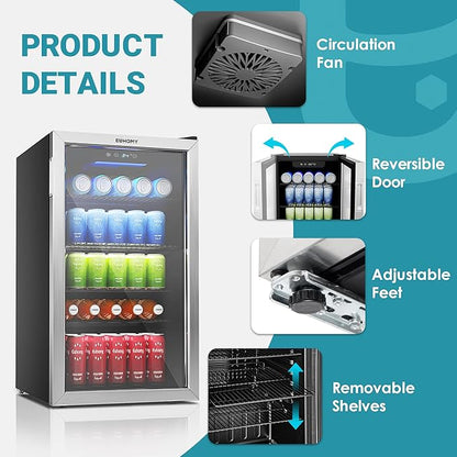 EUHOMY Wine Cooler, 128 Can Wine Fridge with Glass Door for Soda Beer or Wine, Mini Fridge for Home, Office, Bar with Adjustable Removable Shelves, Silver