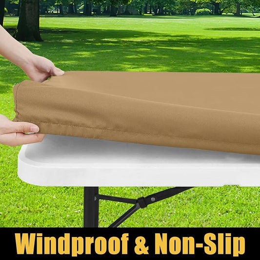 Smiry Rectangle Picnic Table Cloth, Waterproof Elastic Fitted Tablecloths for 8 Foot Tables, Washable Polyester Table Cover for Camping, Indoor and Outdoor (Khaki, 30"x96")