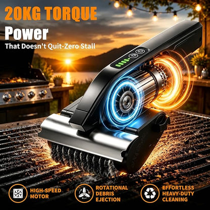 Electric Grill Brush, High Torque BBQ Bristle-Free Cleaner – Rechargeable Cordless with LED Light, Splash Guard & Scraper, Heavy Duty Grill Cleaner Tool for Outdoor Grill, Gift for Men Dad