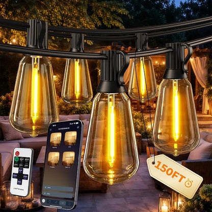 Outdoor String Lights, 150 FT Patio Lights for Outside | Smart App & Remote Control with Timer, Dimmable with 4 Scene Modes, Warm White Waterproof LED Bulbs for Garden, Yard Decor
