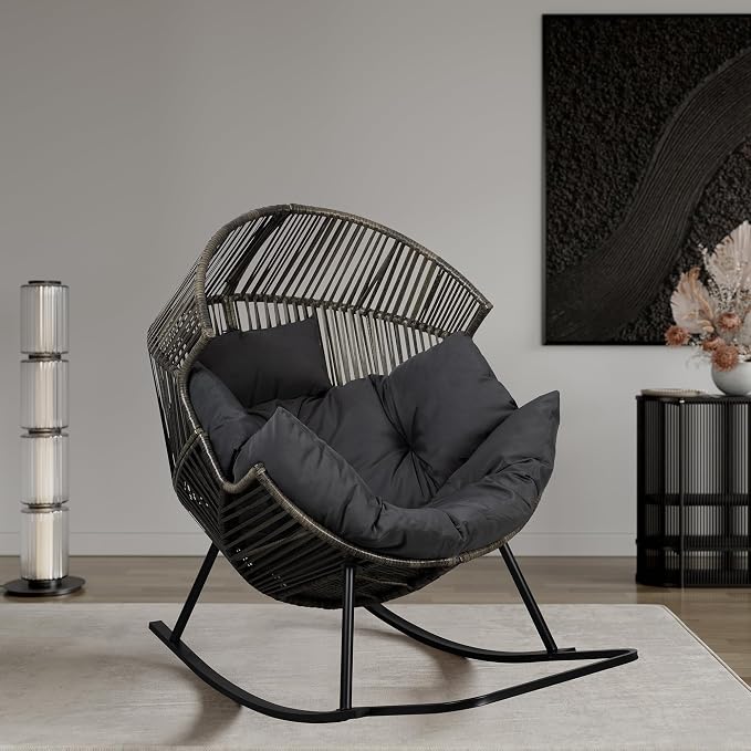 Shintenchi Wicker Egg Chair,Oversized Outdoor Indoor Rocking Chair, Large PE Rattan Rocking Chair with Cushion for Patio, Balcony, Backyard, Garden, Deep Grey