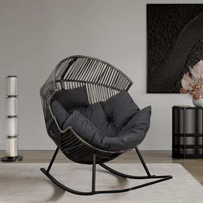 Shintenchi Wicker Egg Chair,Oversized Outdoor Indoor Rocking Chair, Large PE Rattan Rocking Chair with Cushion for Patio, Balcony, Backyard, Garden, Deep Grey