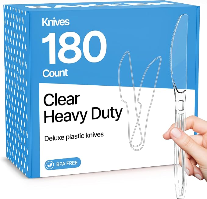 Bakken Disposable Cutlery Set 180 Pieces Knives, Heavy Duty Plastic Silverware, BPA-Free Food-Grade Materials, Heat-Resistant, Reusable Utensils for Parties, Catering, BBQs, and Everyday Use, Clear
