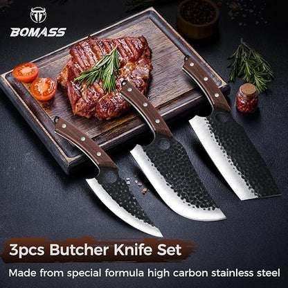 Meat Cleaver Butcher Knife Set, Hand Forged Japanese Knives Set of 3, High Carbon Kitchen Knife & Serbian Chef Knife & Boning Kni fe for Meat Cutting, Outdoor Cooking BBQ Camping Gift for Men