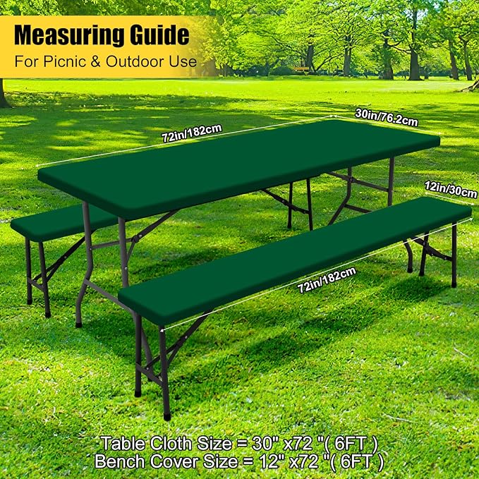 Smiry Picnic Table Cover with Bench Covers, Waterproof Elastic Fitted Polyester Tablecloths for 6 Ft Rectangle Tables, Washable Windproof Tablecloth for Camping, Outdoor (Emerald Green, 30x72 Inches)