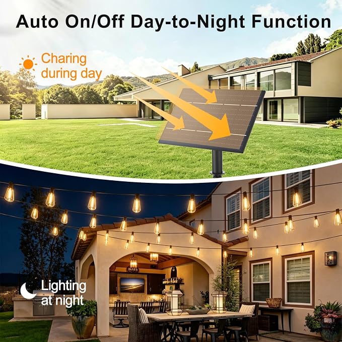25FT Solar String Lights, Remote & USB Port, Outdoor Waterproof | 1.5FT Spacing, 16+1 Shatterproof Edison Bulbs, IP65, 2700K Warm White, Timer & Dimmable, String Lights for Outside, Yard