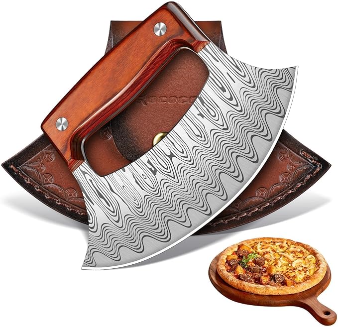 ROCOCO Pizza Cutter Ulu Knife – Full Tang Mezzaluna Rocker Chopper with Sheath for Kitchen, Camping, BBQ, Gifts for Men Women