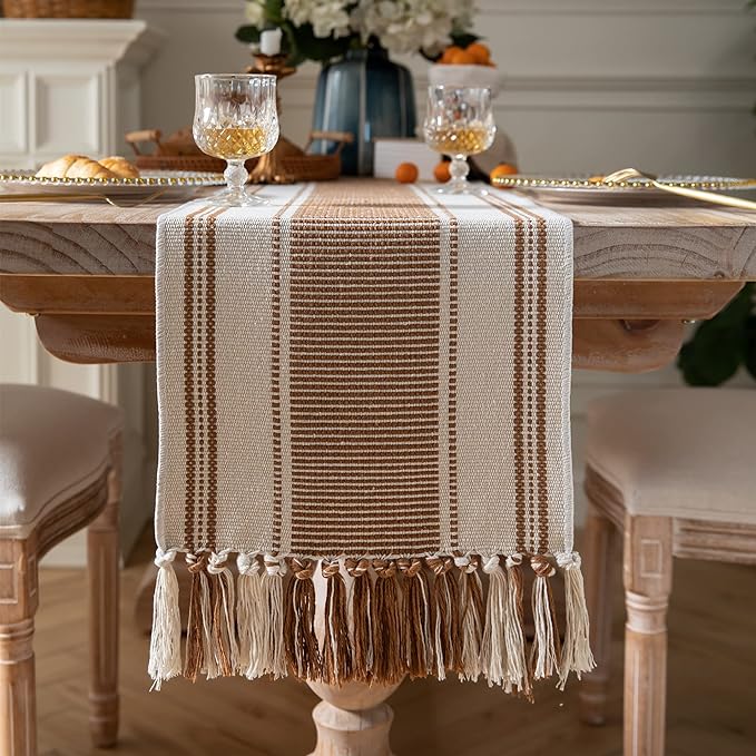 Caflife Boho Table Runner Brown for Modern Farmhouse Coffee Table Decor, Rustic Woven Runner with Handcrafted Tassels for Home Dining Table décor 13 x 90 Inch Long