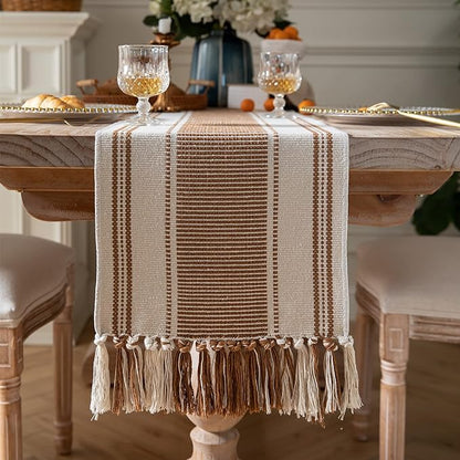Caflife Boho Table Runner Brown for Modern Farmhouse Coffee Table Decor, Rustic Woven Runner with Handcrafted Tassels for Home Dining Table décor 13 x 90 Inch Long