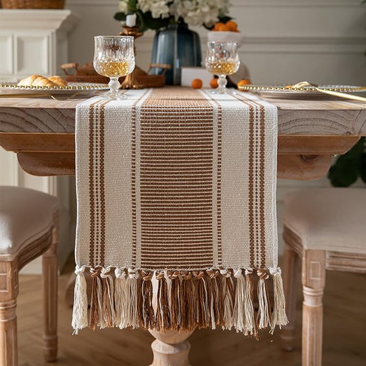 Caflife Boho Table Runner Brown for Modern Farmhouse Coffee Table Decor, Rustic Woven Runner with Handcrafted Tassels for Home Dining Table décor 13 x 90 Inch Long