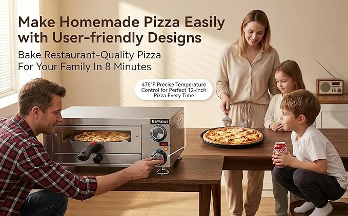 Electric Pizza Oven Indoor,12 inch Countertop Pizza Maker with Viewing Window,Stainless Steel Commercial Pizza Oven, Removable Handle,Dual Baking Trays and Oven Mitts