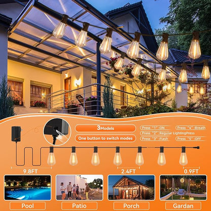 YOYONACY 100 FT Outdoor String Lights for Outside, IP65 Waterproof ST38 LED Shatterproof Bulbs, Dimmable & Timable, 3 Light Modes, Hanging Patio Edison Lights for Porch Backyard Cafe Bistro