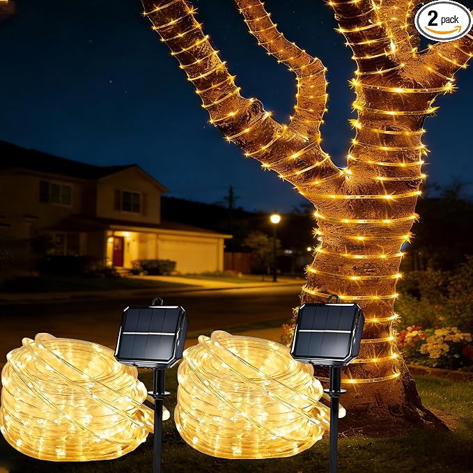 Solar Roep Lights for Outside, 2 Packs Total 66ft 200 LED Solar String Light with 8 Modes, Waterproof Solar Outdoor Light for Patio Garden Party Tree Proch Pool Holiday Xmas Decor-Warm White