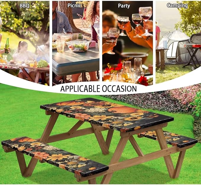 Fall Picnic Table Cover for Outdoor Camping Pumpkin Sunflower Elastic Fitted Table Cloth for Camping Party Supplies 3 PCS Set