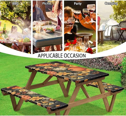 Fall Picnic Table Cover for Outdoor Camping Pumpkin Sunflower Elastic Fitted Table Cloth for Camping Party Supplies 3 PCS Set