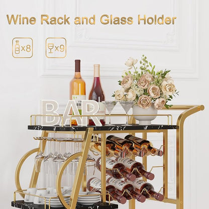 Bar Cart for Home, Home Bar Serving Cart on Wheels, 3 Tier Liquor Carts with Wine Rack and Glass Holder, Rolling Beverage Trolley (Gold & Marbleized Black)