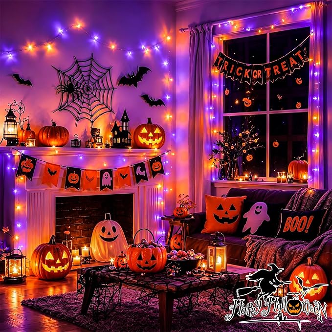 YEGUO 328ft 1000 LED Halloween Lights Outdoor Waterproof, Clear Wire Christmas String Lights Indoor, 8 Modes Twinkle Tree Lights Plug in with Timer Memory.(Orange and Purple)