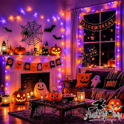 YEGUO 328ft 1000 LED Halloween Lights Outdoor Waterproof, Clear Wire Christmas String Lights Indoor, 8 Modes Twinkle Tree Lights Plug in with Timer Memory.(Orange and Purple)