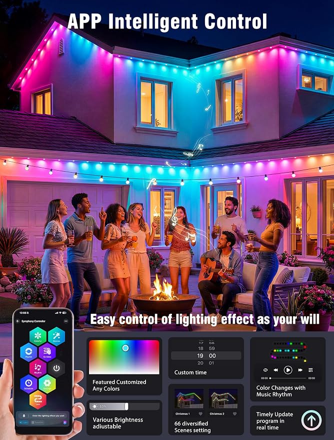 Permanent Outdoor Lights for House,150FT RGB+IC Smart Lights | 90 LEDs,App/Remote Control,IP67 Waterproof,DIY Color-Changing String Lights For Eaves,Xmas,Halloween And Party Decor