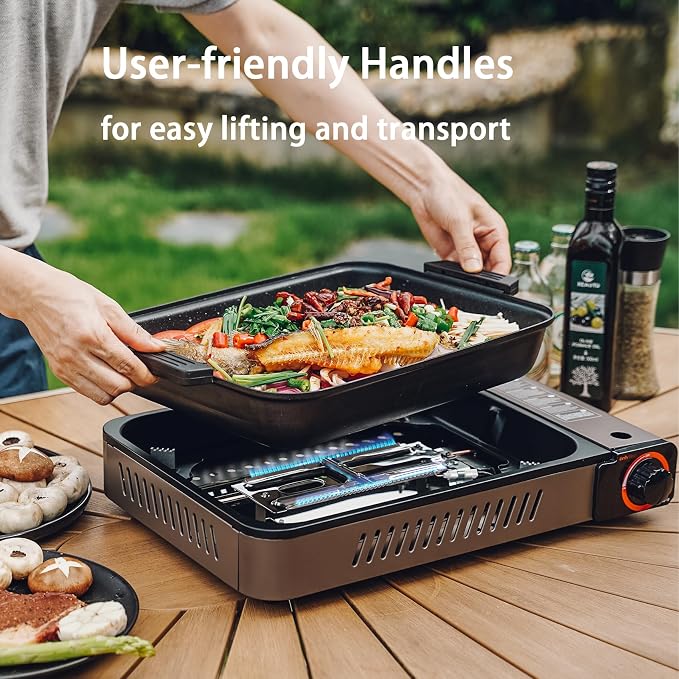 Portable Propane Gas Stove with Grill Pan and Lid | Butane Camping Stove Instant Ignition for Patio Backyard Home Cooking Camping RV Tailgating Emergency Use, GS349