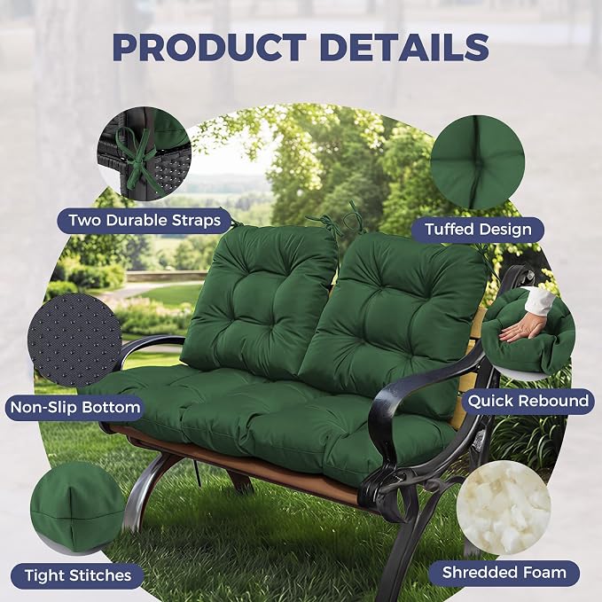 Wicker Chair Cushions of 3 Pieces, Waterproof Cushions for Patio Furniture, Tufted Wicker Outdoor Furniture Cushions, 1 Patio Loveseat Cushion and 2 U-Shaped Cushions, 44"x19"x5", Dark Green