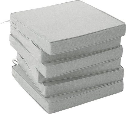 Outdoor Chair Cushions, Set of 6, 19 x 19 Inch, Light Grey | Water Resistant, Fade Resistant, Patio Furniture Square Seat Replacement, Removable Cover with Ties, Non-Slip Bottom