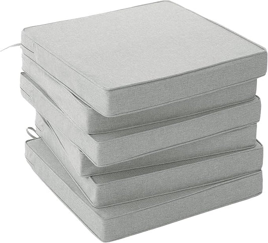 Outdoor Chair Cushions, Set of 6, 19 x 19 Inch, Light Grey | Water Resistant, Fade Resistant, Patio Furniture Square Seat Replacement, Removable Cover with Ties, Non-Slip Bottom