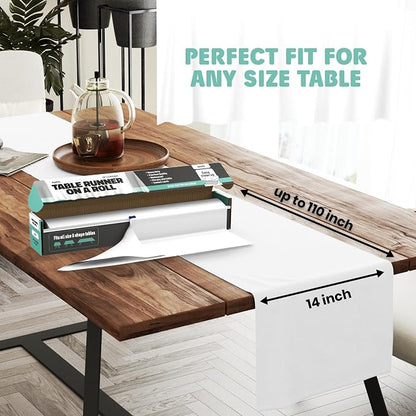 White Table Runner – 14" X 110' Premium Plastic Longtable Runners with Cutter Box - Cut to Size - Decorative Rectangle Table Runners - Smooth Table Cloth - Disposable Table Cloths, Parties, Weddings.